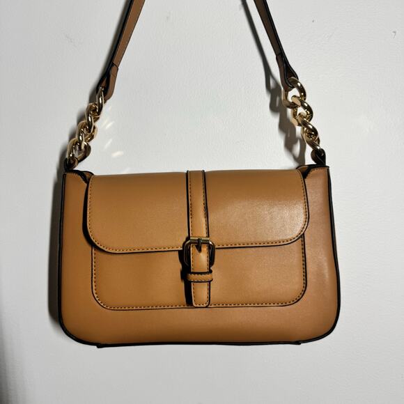 Shoulder Bag Camel Faux Leather Gold Tone Chain Detail Minimal Evening Preppy - Picture 8 of 8